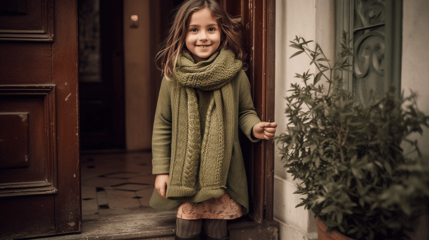 Karee Kids Sustainable Fashion A little girl in a green scarf transforming summer dresses into autumn and winter staples.