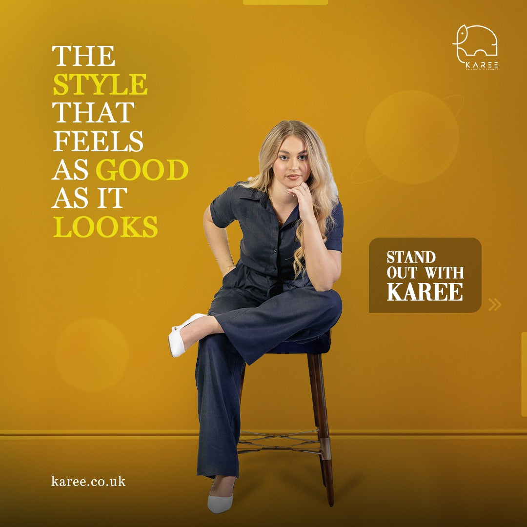 A woman seated on a high stool against a yellow background, wearing a dark blue dress and white sneakers, looking at the camera with a playful expression. text on image promotes stylish comfort.