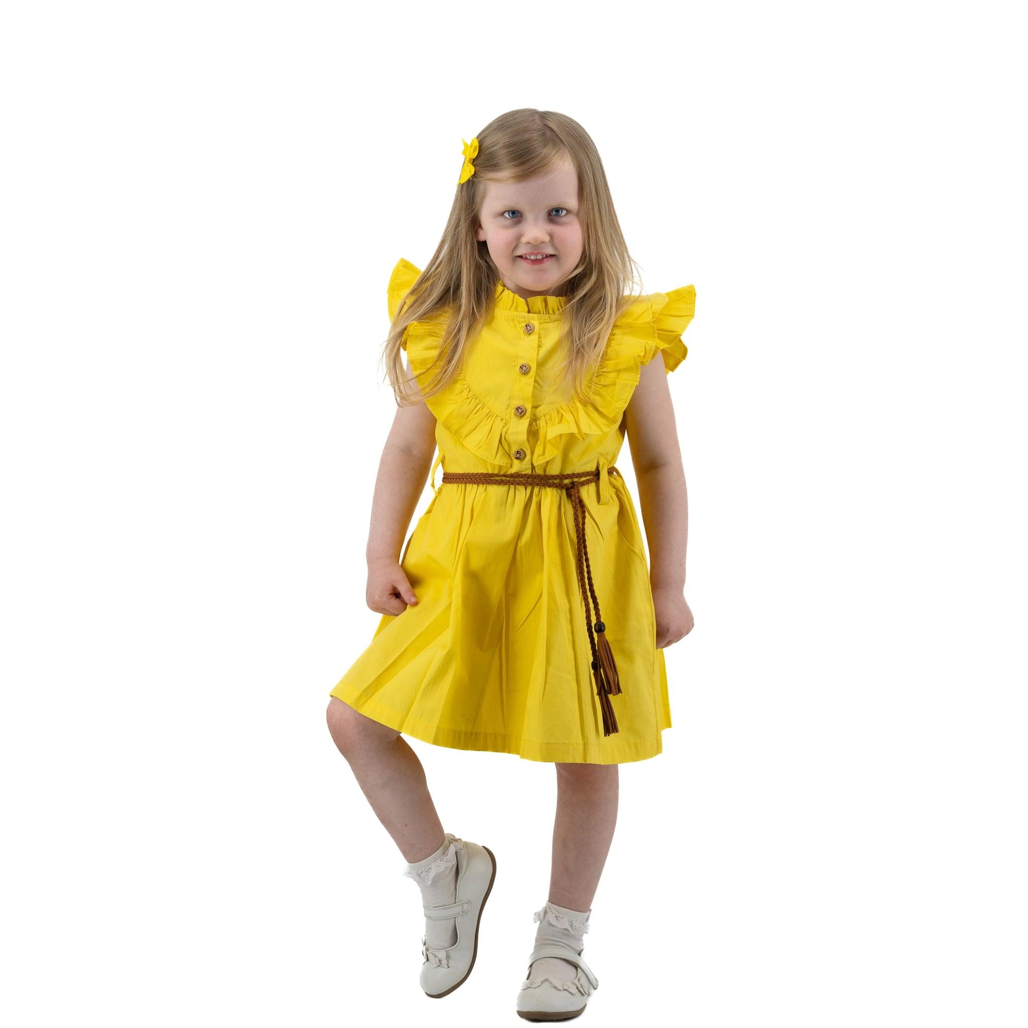 Yellow Butterfly Sleeve Cotton Dress For Girls - Karee-Designs