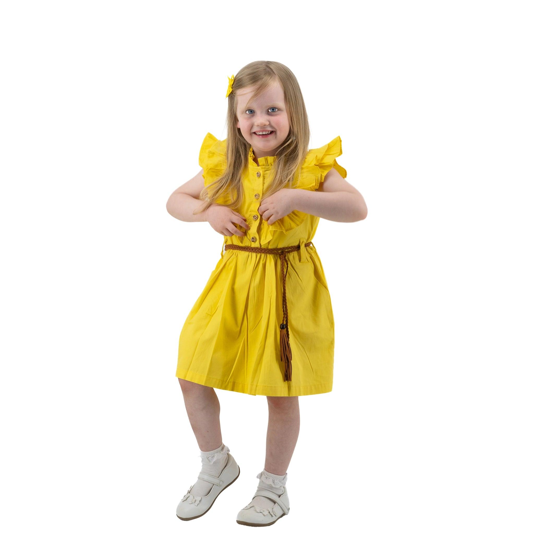 Yellow Butterfly Sleeve Cotton Dress For Girls - Karee-Designs