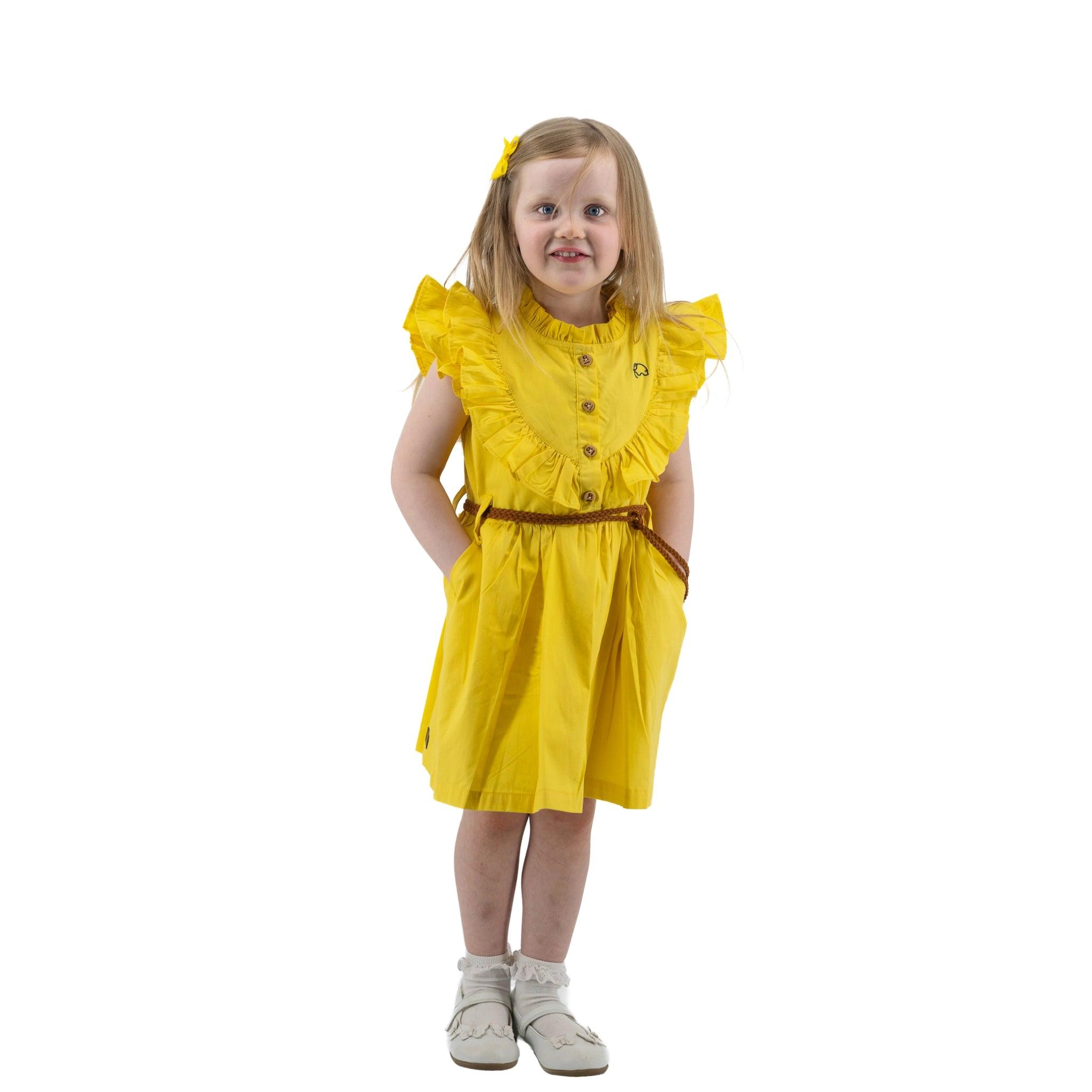 Yellow Butterfly Sleeve Cotton Dress For Girls - Karee-Designs