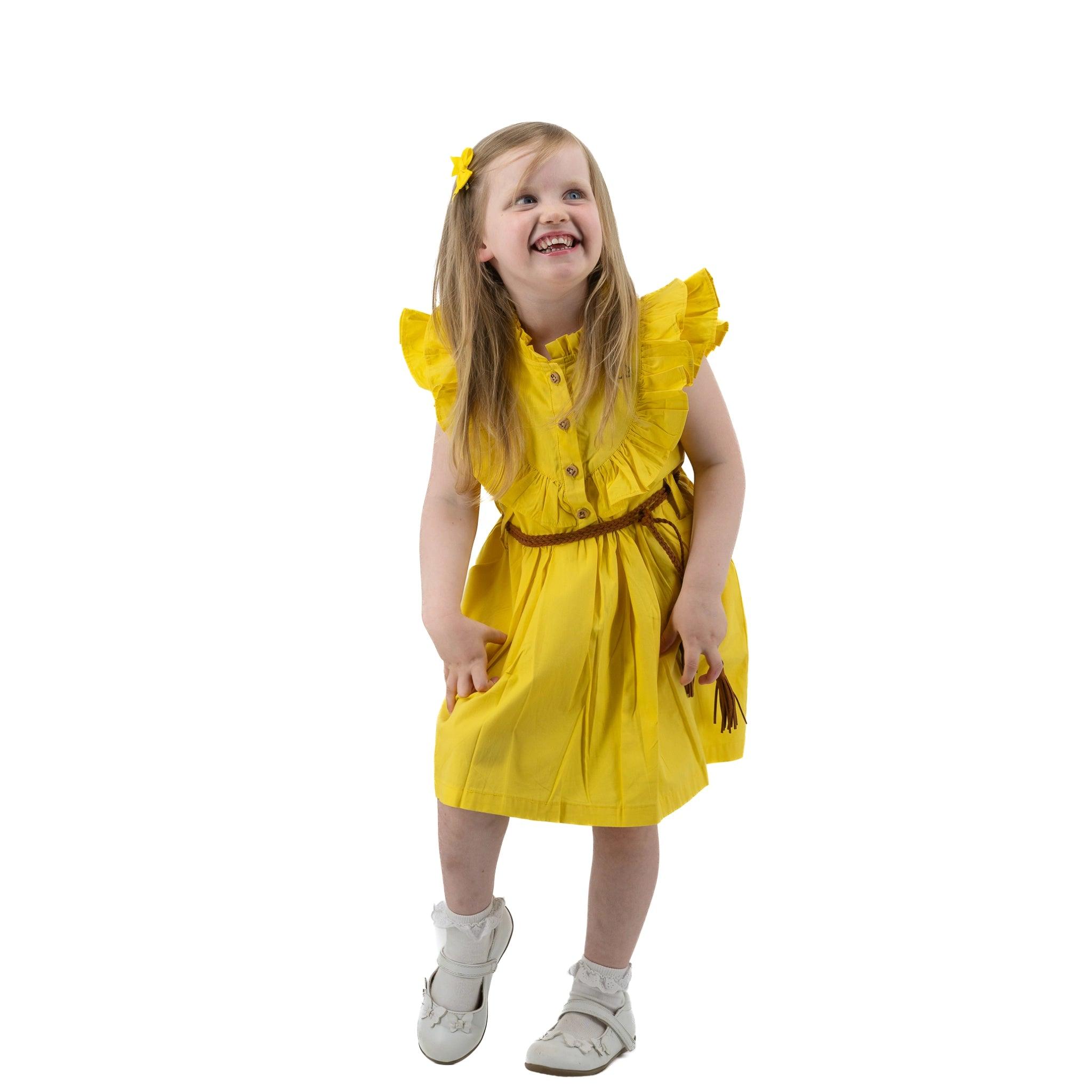 Yellow Butterfly Sleeve Cotton Dress For Girls - Karee-Designs