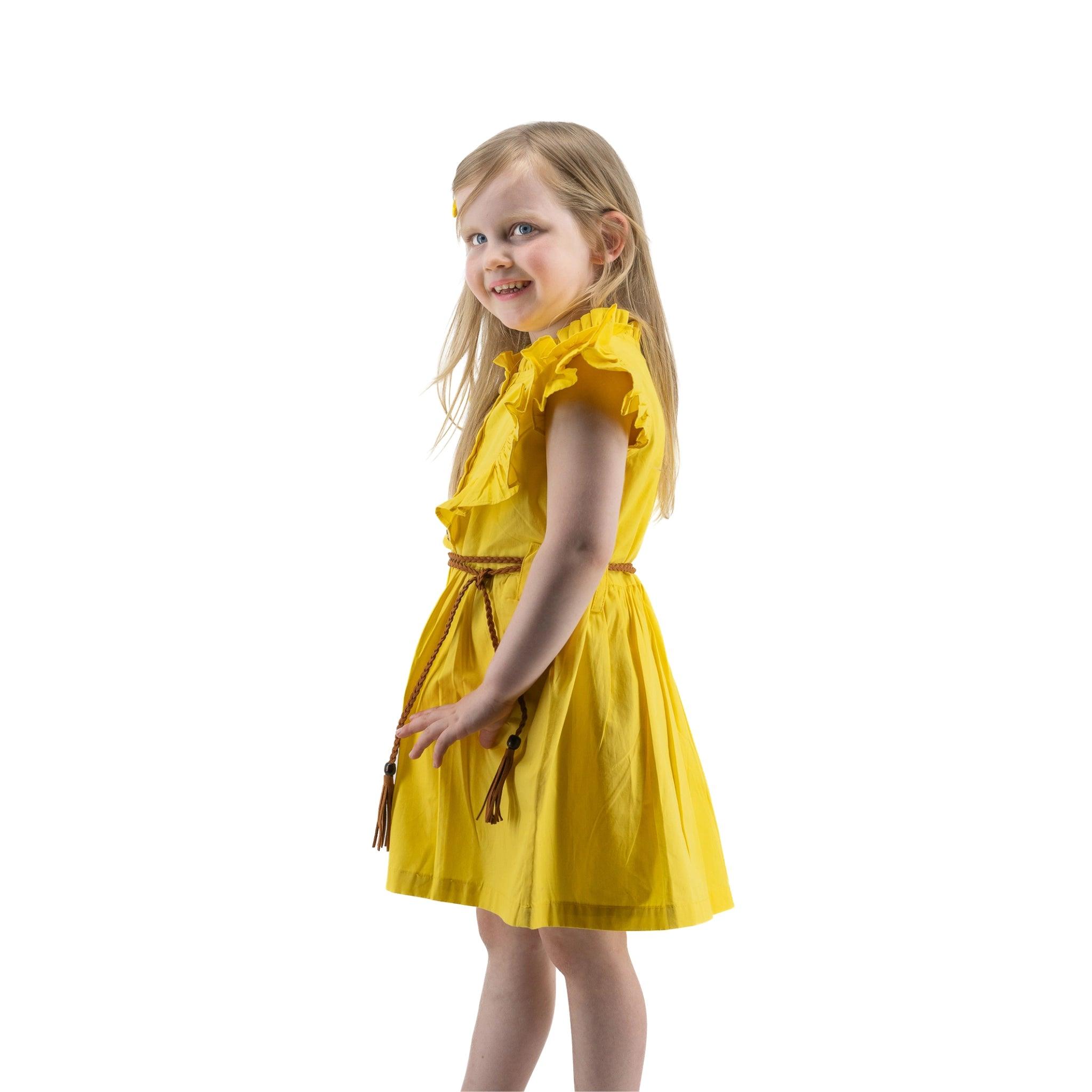 Yellow Butterfly Sleeve Cotton Dress For Girls - Karee-Designs