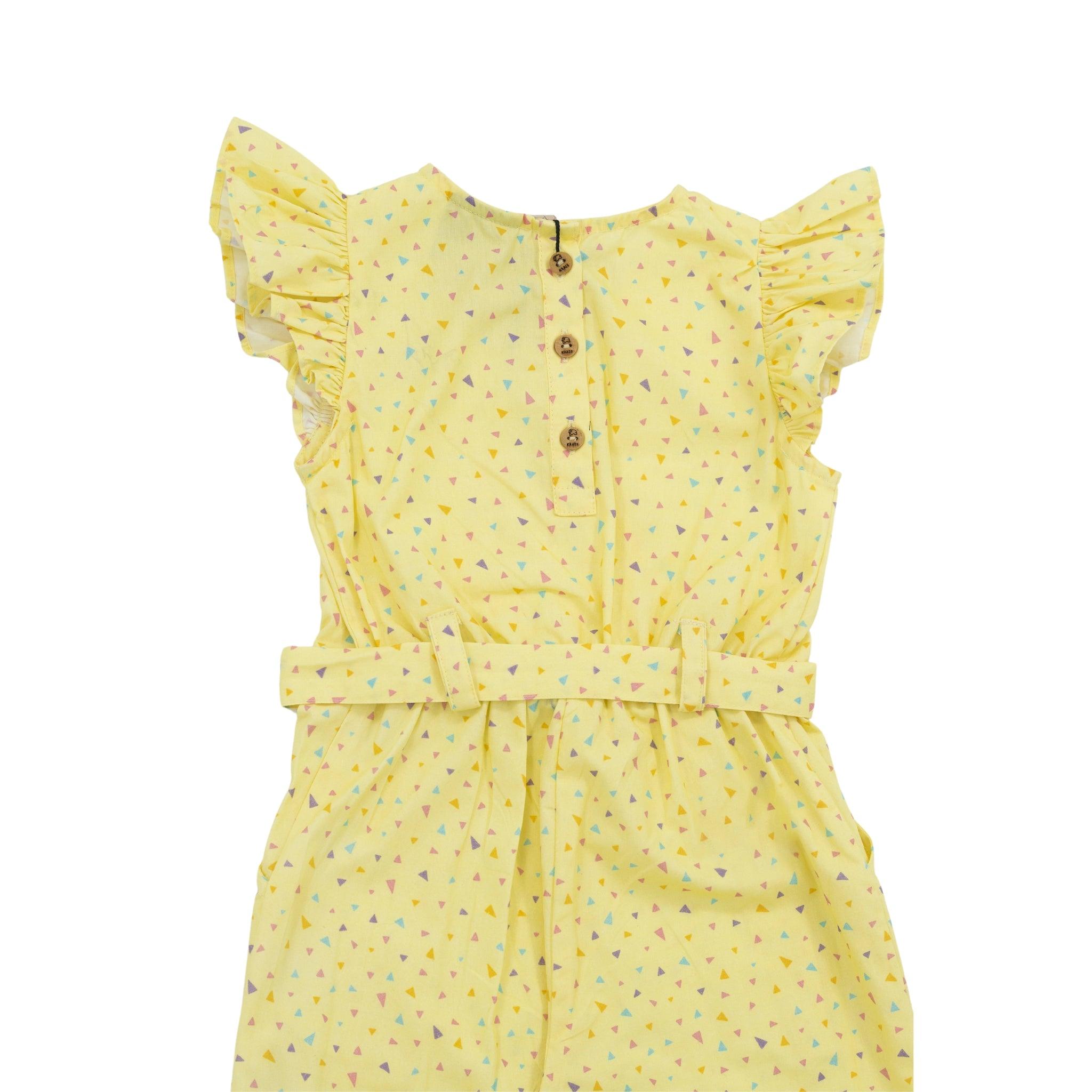 Lemon Meringue Cotton V-Neck Jumpsuit for Girls by Karee with ruffle sleeves and multicolored triangle print, featuring eco-conscious front buttons and a belt, displayed on a white background.