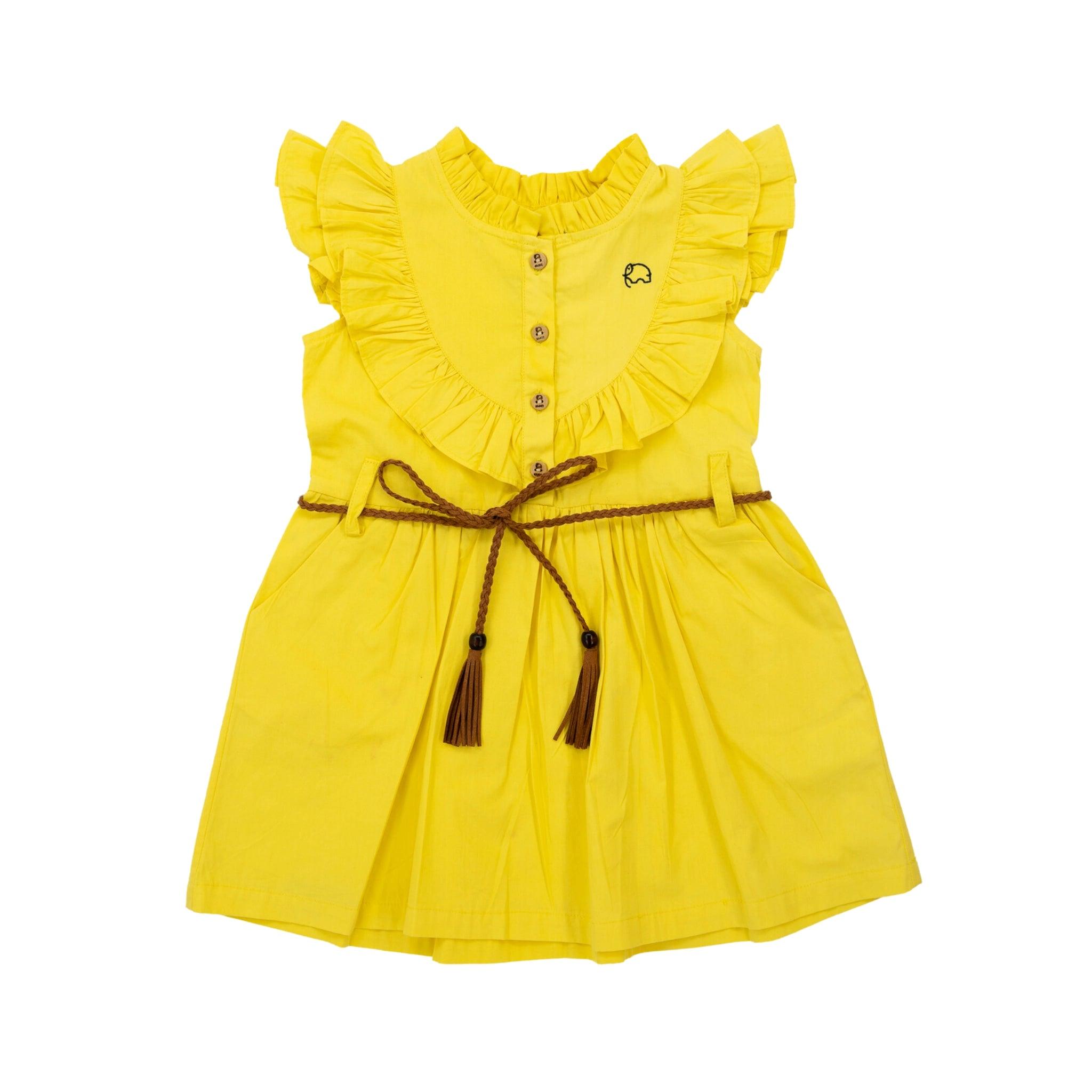 Yellow Butterfly Sleeve Cotton Dress For Girls - Karee-Designs