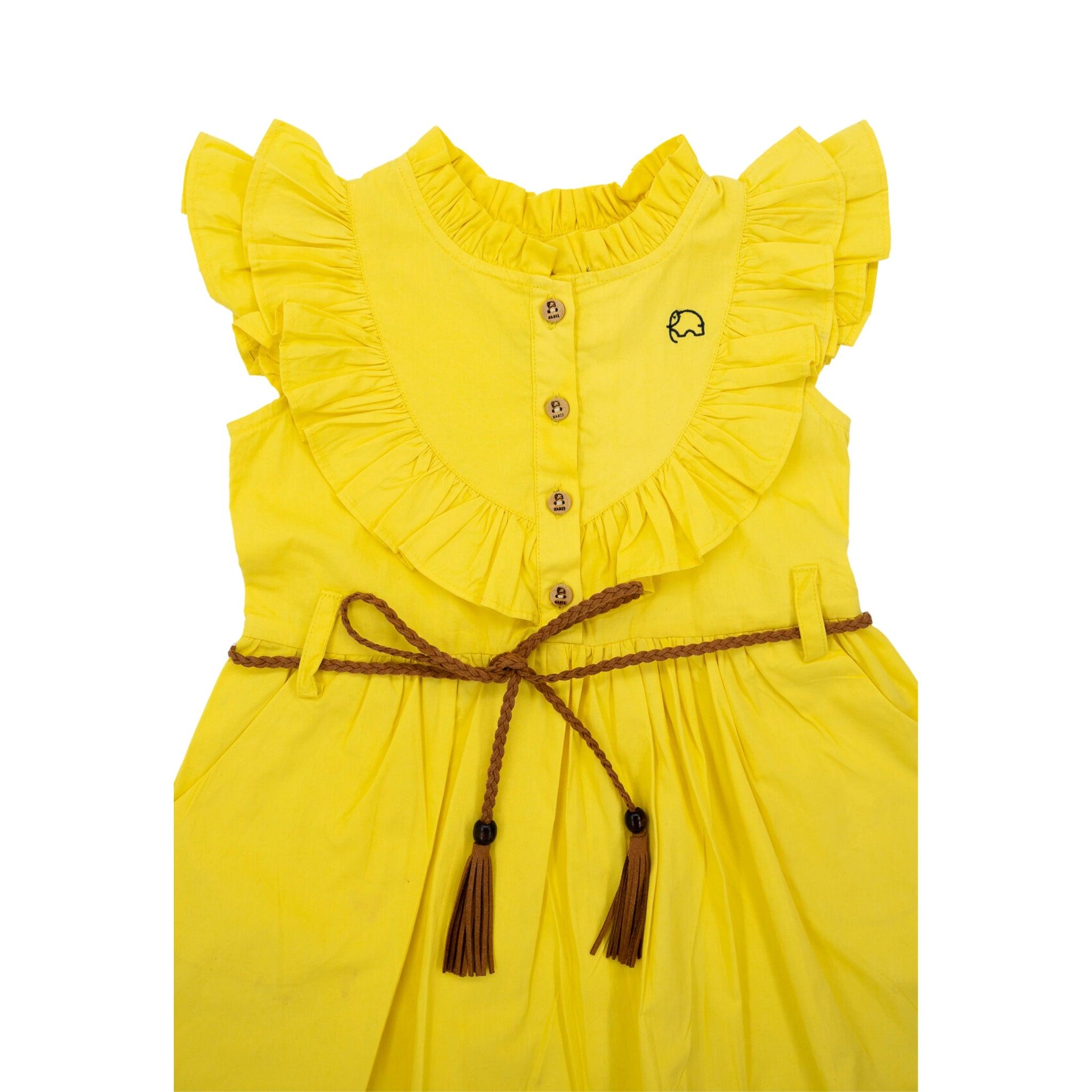 Yellow Butterfly Sleeve Cotton Dress For Girls - Karee-Designs