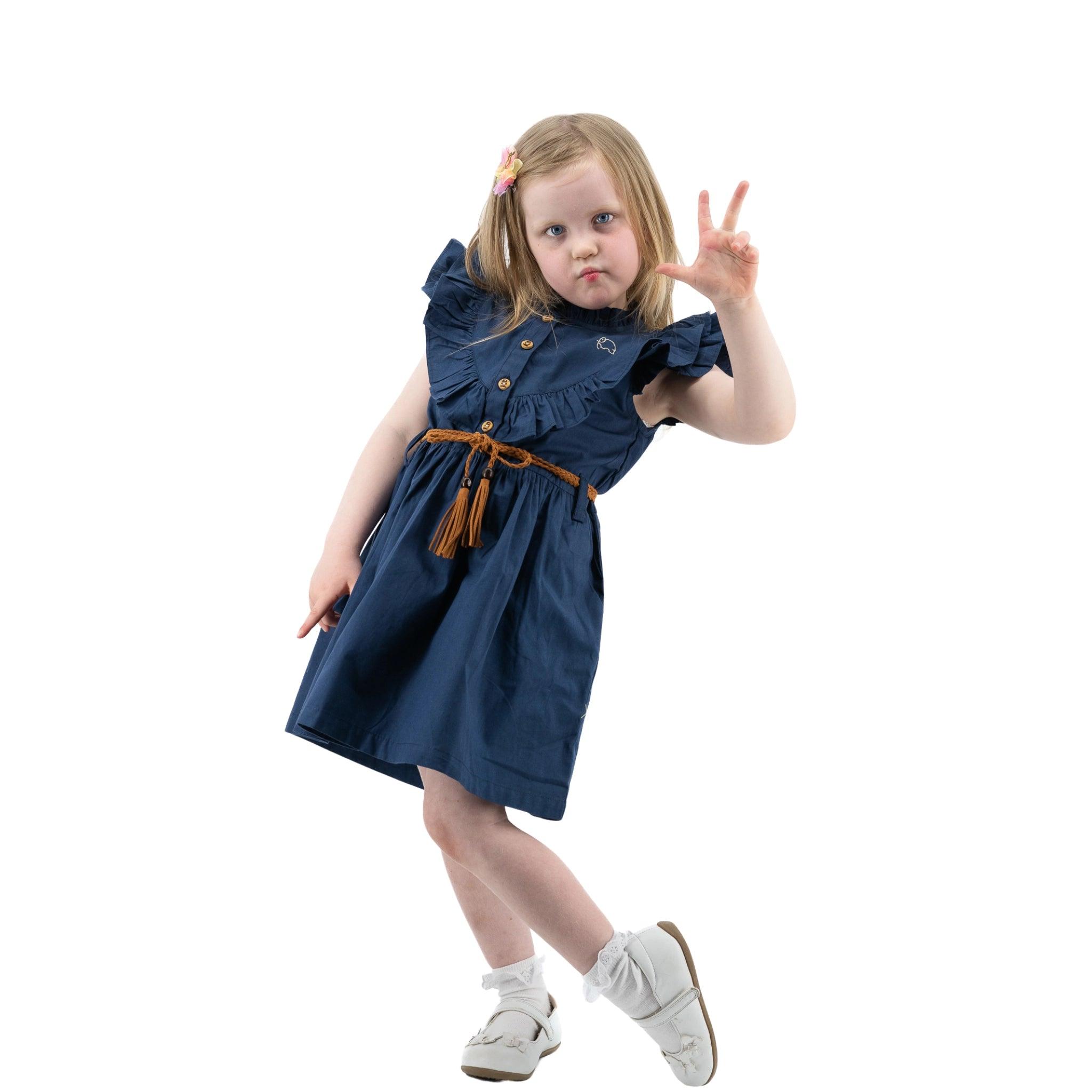 Navy Blue Butterfly Sleeve Cotton Dress