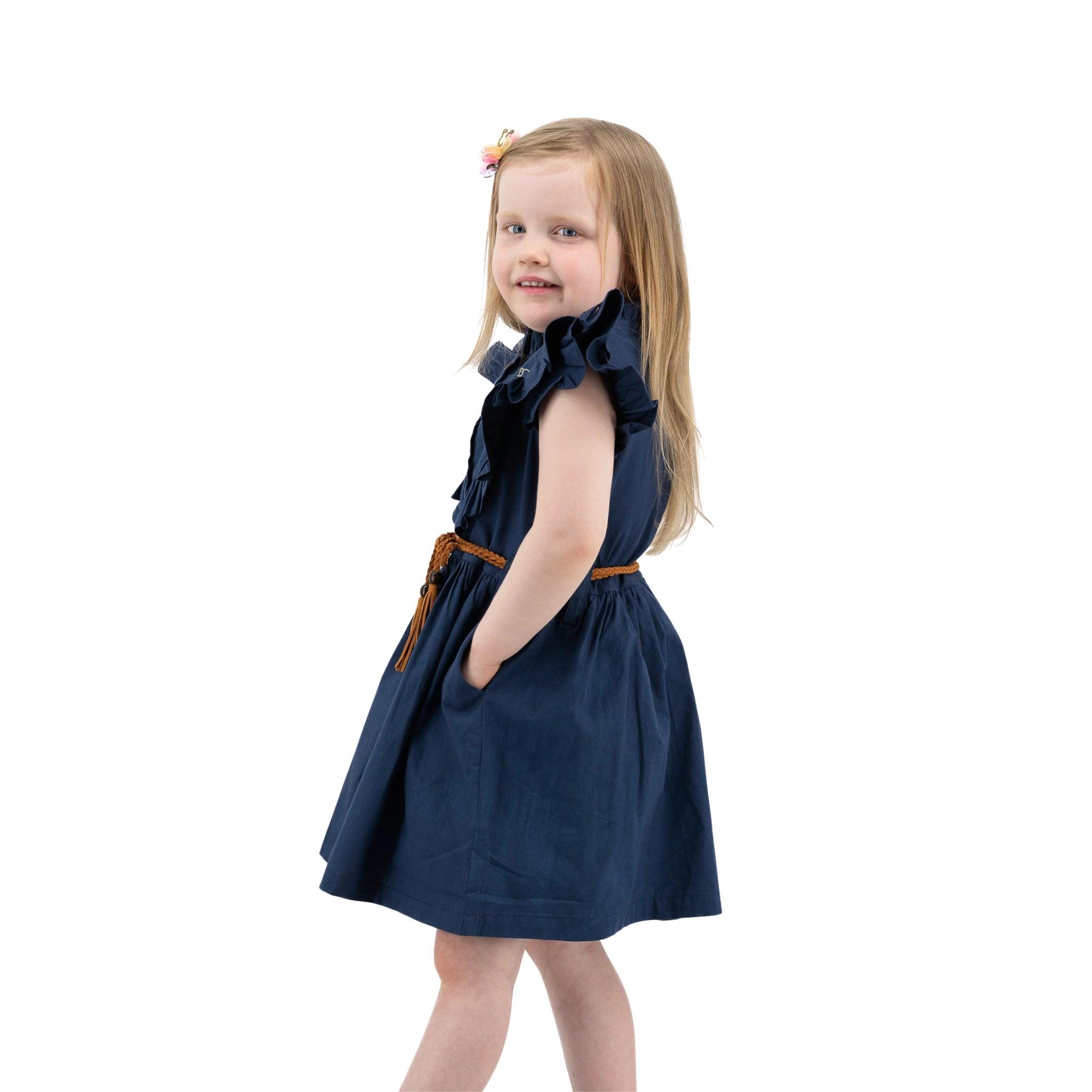 Navy Blue Butterfly Sleeve Cotton Dress