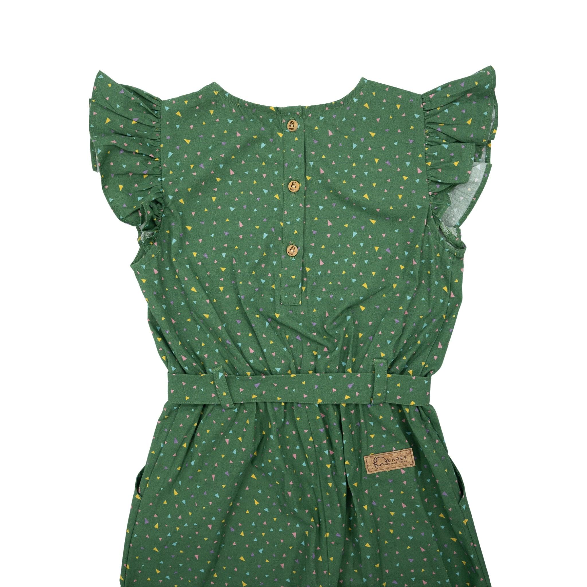 Green Confetti Cotton V-Neck Jumpsuit for Kids with yellow polka dots and ruffle sleeves, featuring a buttoned front and belted waist, crafted from high-quality cotton, displayed against a white background by Karee.