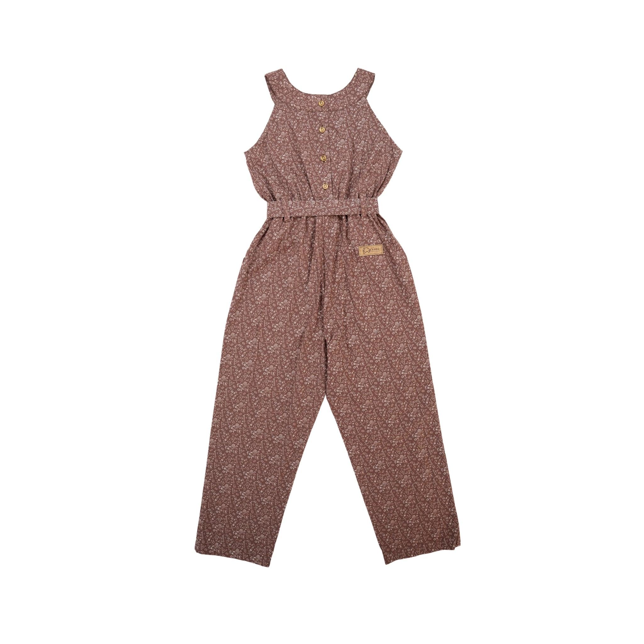 A sleeveless Karee cocoa brown cotton jumpsuit for girls with small floral prints, featuring a cinched waist and three front buttons, displayed against a white background.