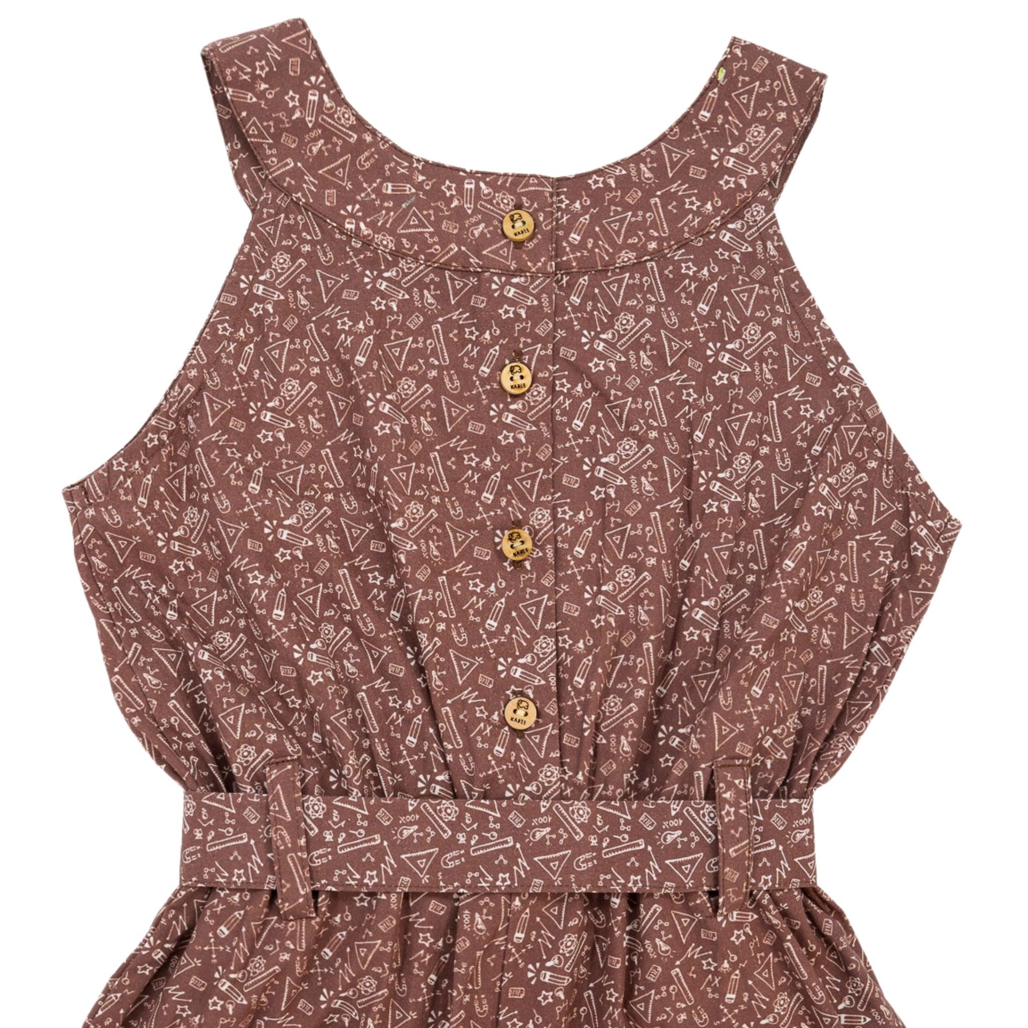 Karee Cocoa Brown Cotton Jumpsuit for Girls with an all-over abstract print, three front buttons, and a gathered waist.