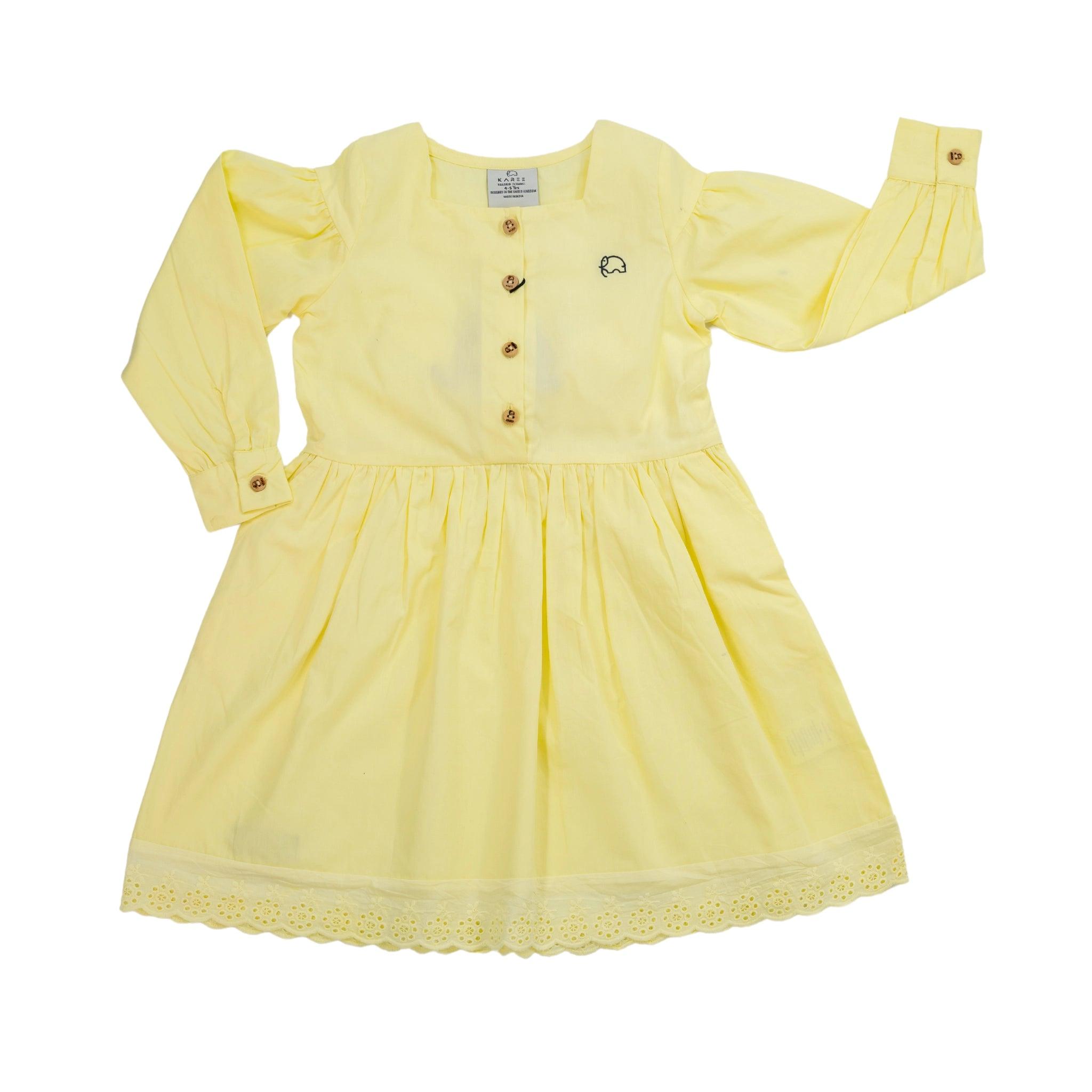 Yellow Long Puff Sleeve Cotton Dress - Karee-Designs