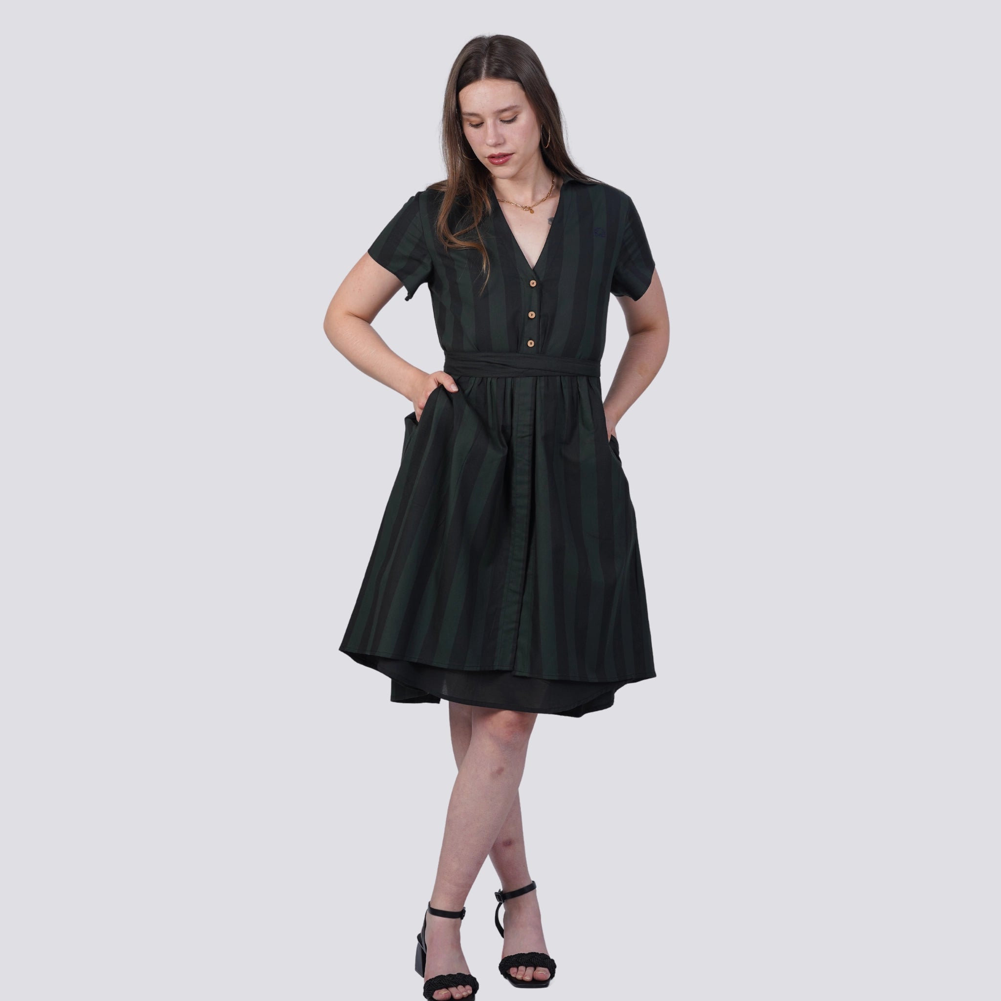 Green & Black Striped Shirt Dress