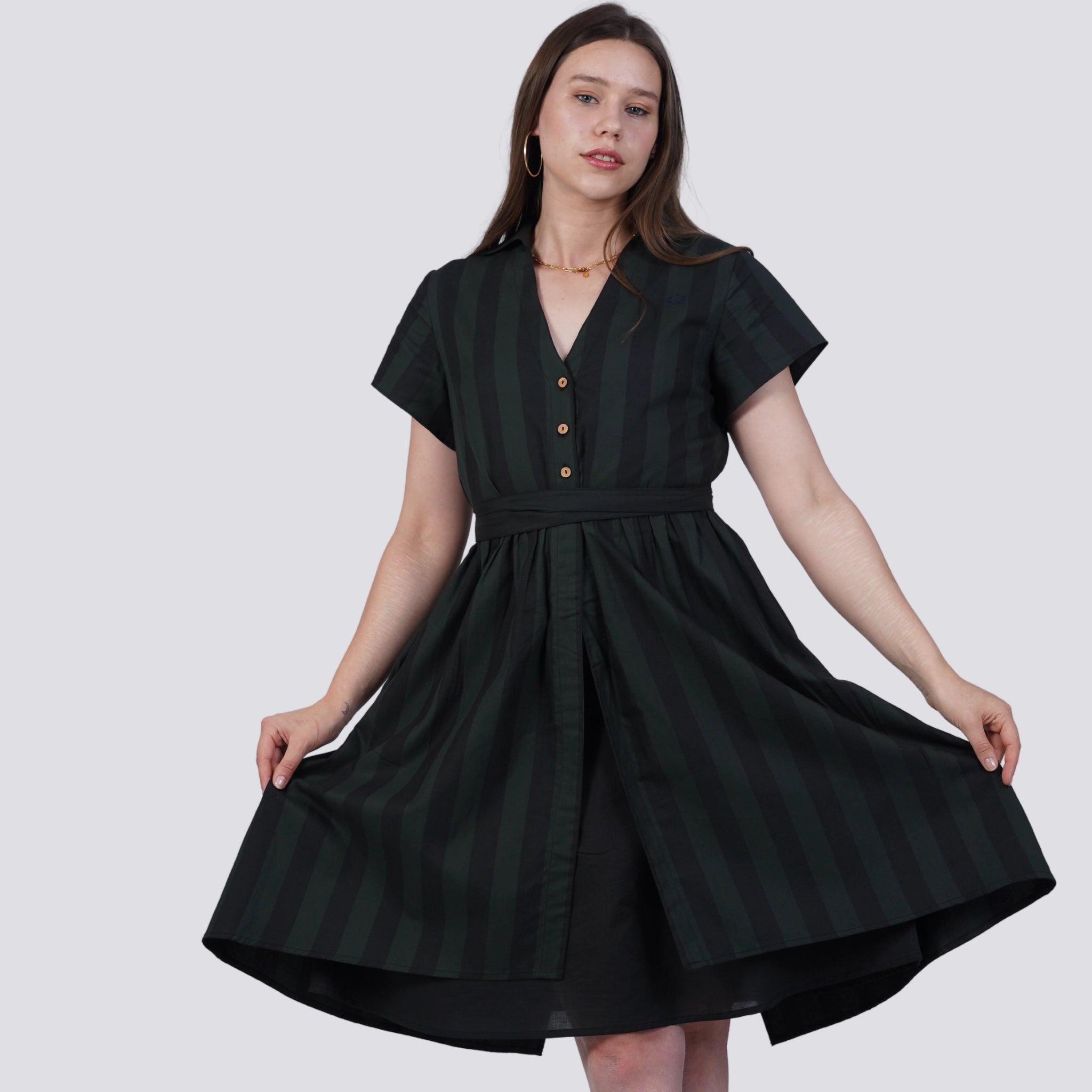 Green & Black Striped Shirt Dress