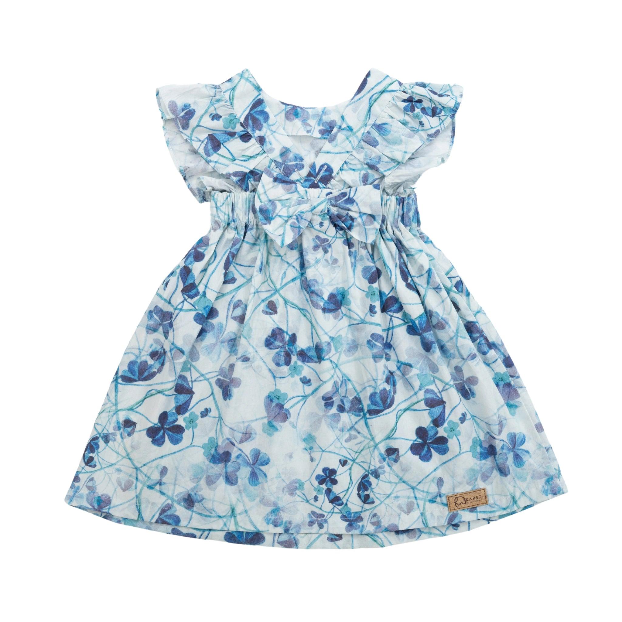 A Karee blue cotton floral dress for girls with short ruffled sleeves and a gathered waist, crafted from sustainable design materials, displayed against a white background.