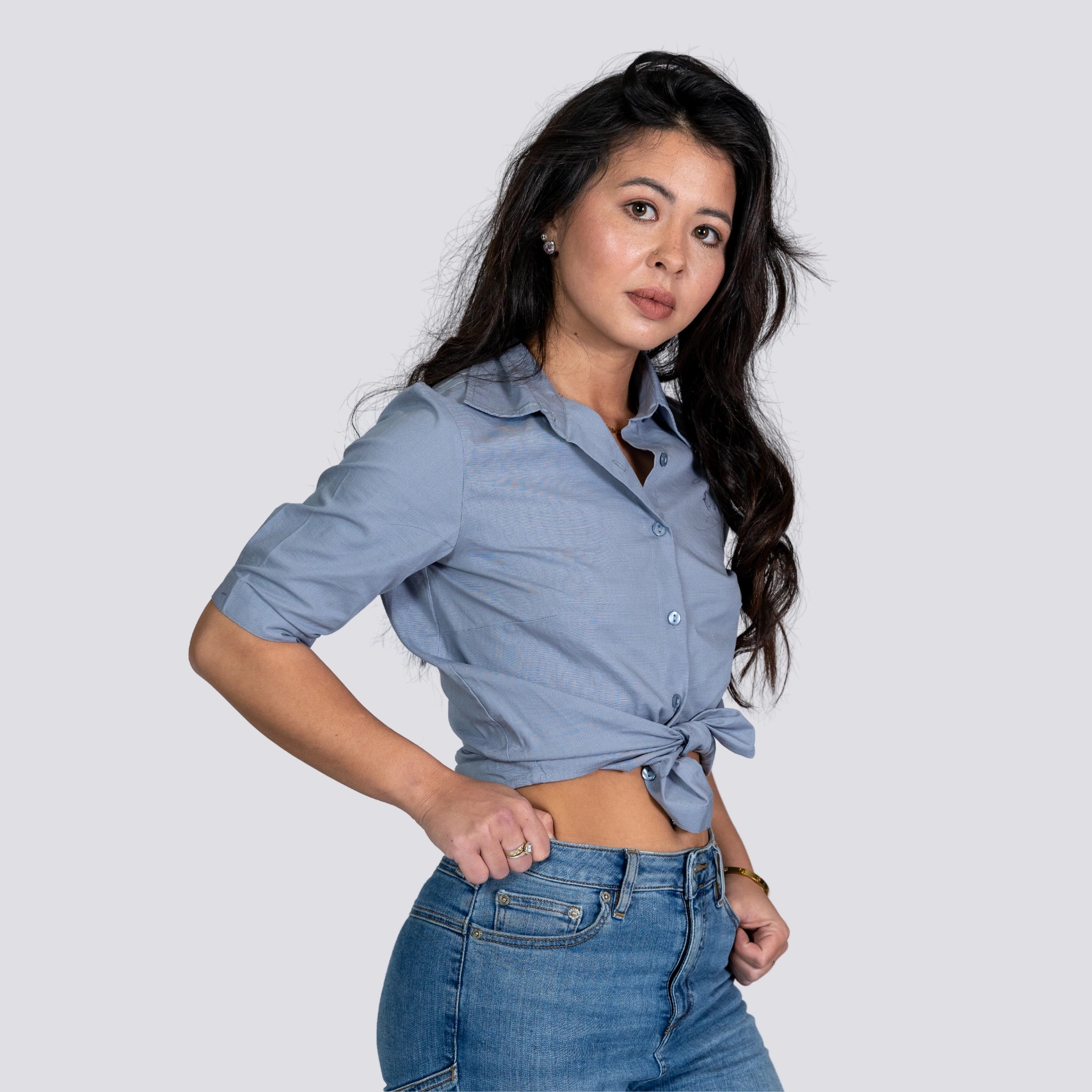 Workwear Chic: Sustainable Grey Mist Linen Shirt - Karee-Designs