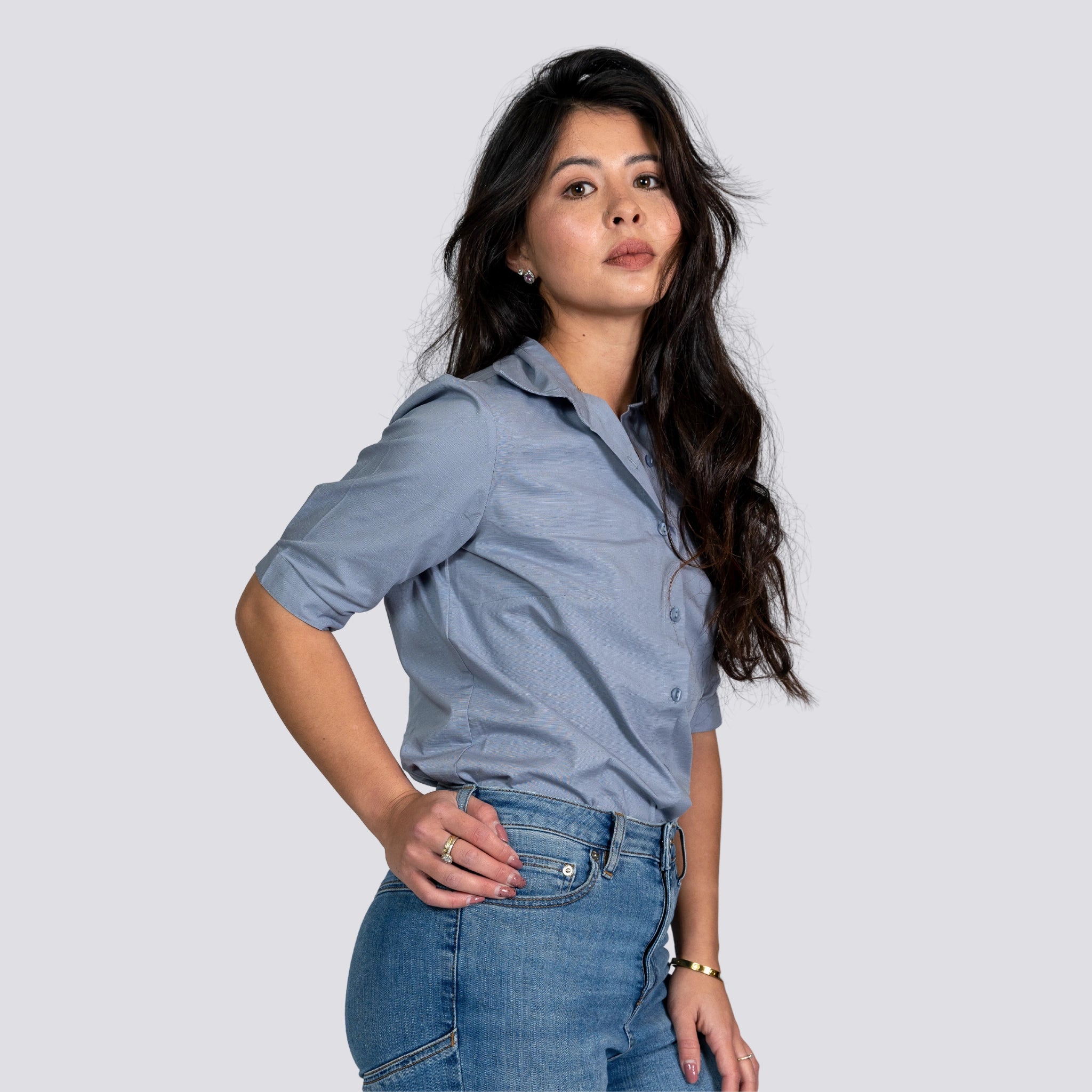 Workwear Chic: Sustainable Grey Mist Linen Shirt - Karee-Designs