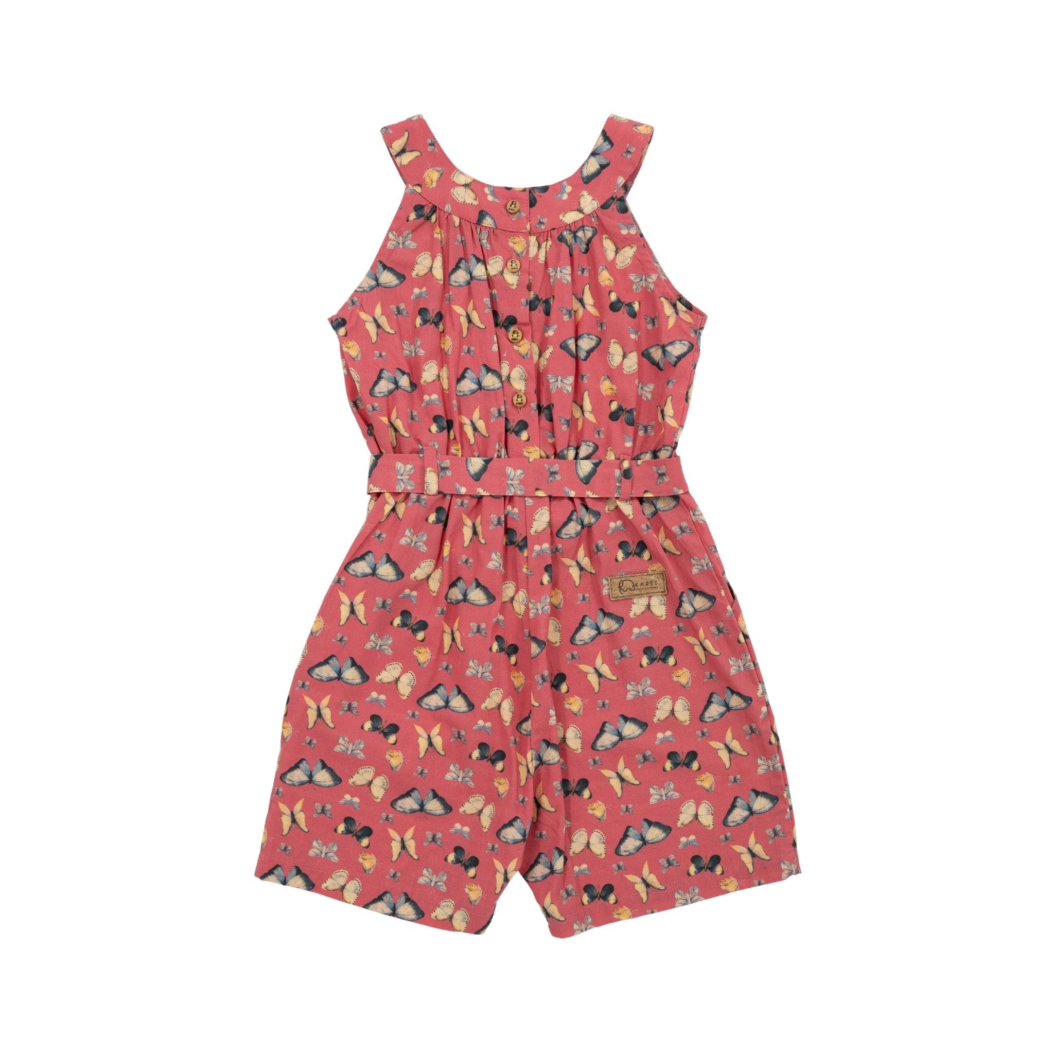 Karee Ruby Trek cotton romper with a cinched waist and sleeveless design, displayed on a white background.