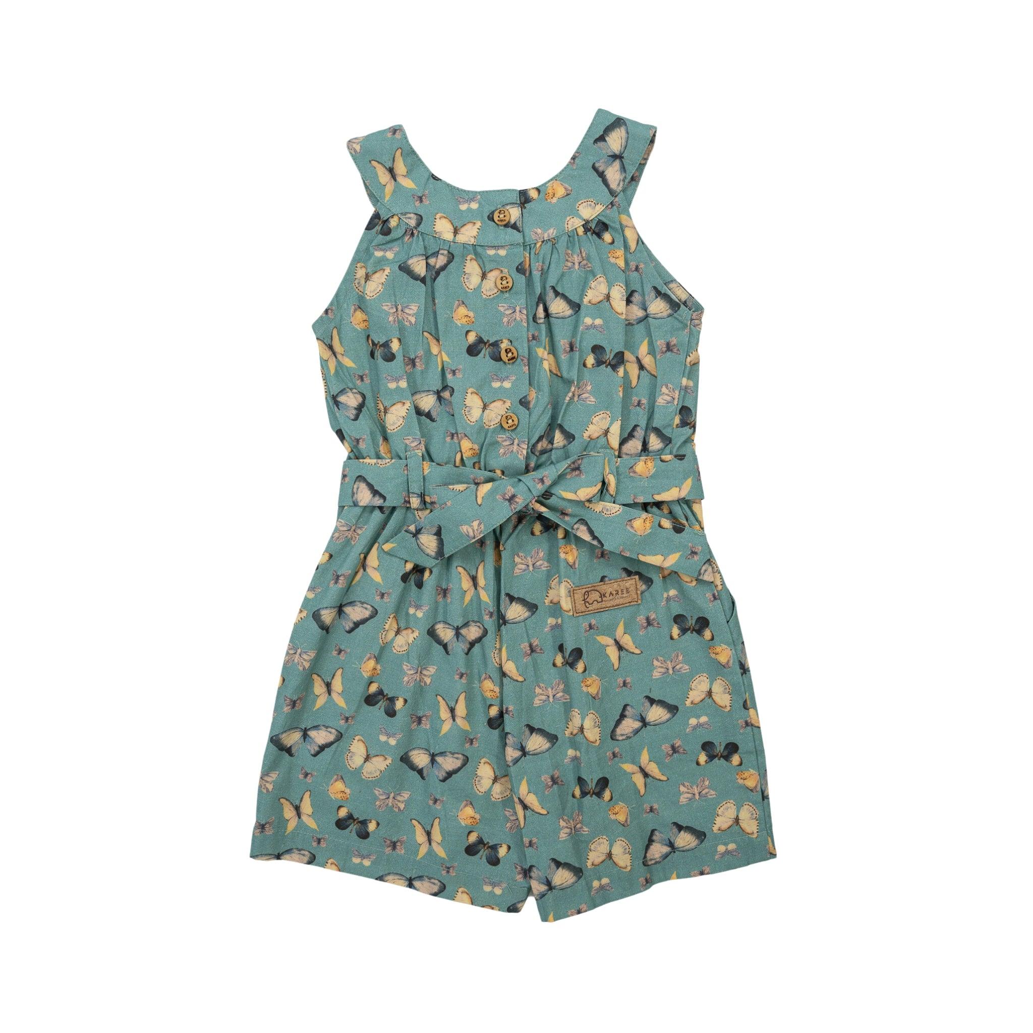 Teal sleeveless romper with butterfly pattern and a waist tie, displayed against a white background, made from premium cotton blend.

Blue Surf Adventure-ready Cotton Play Suit by Karee.