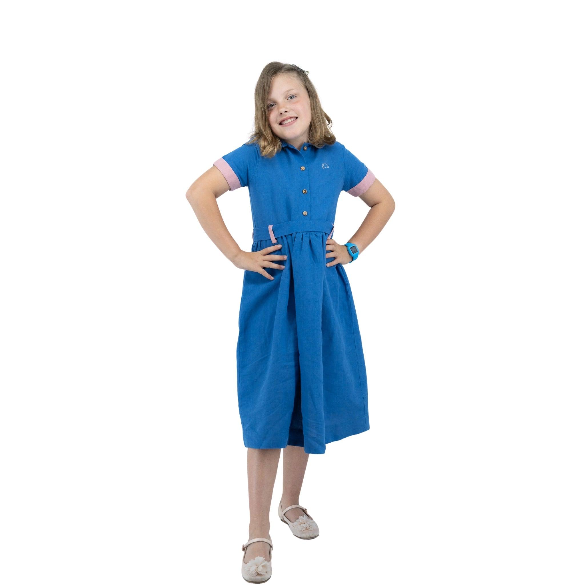 Parisian Blue Linen Dress for Girls