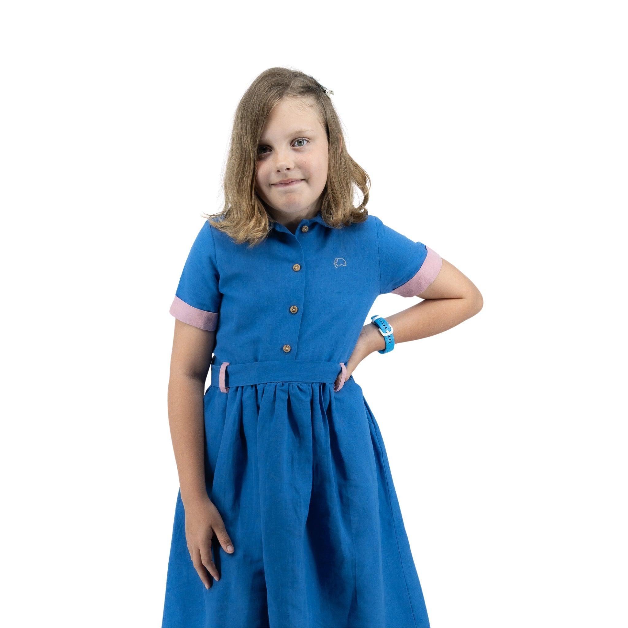 Parisian Blue Linen Dress for Girls