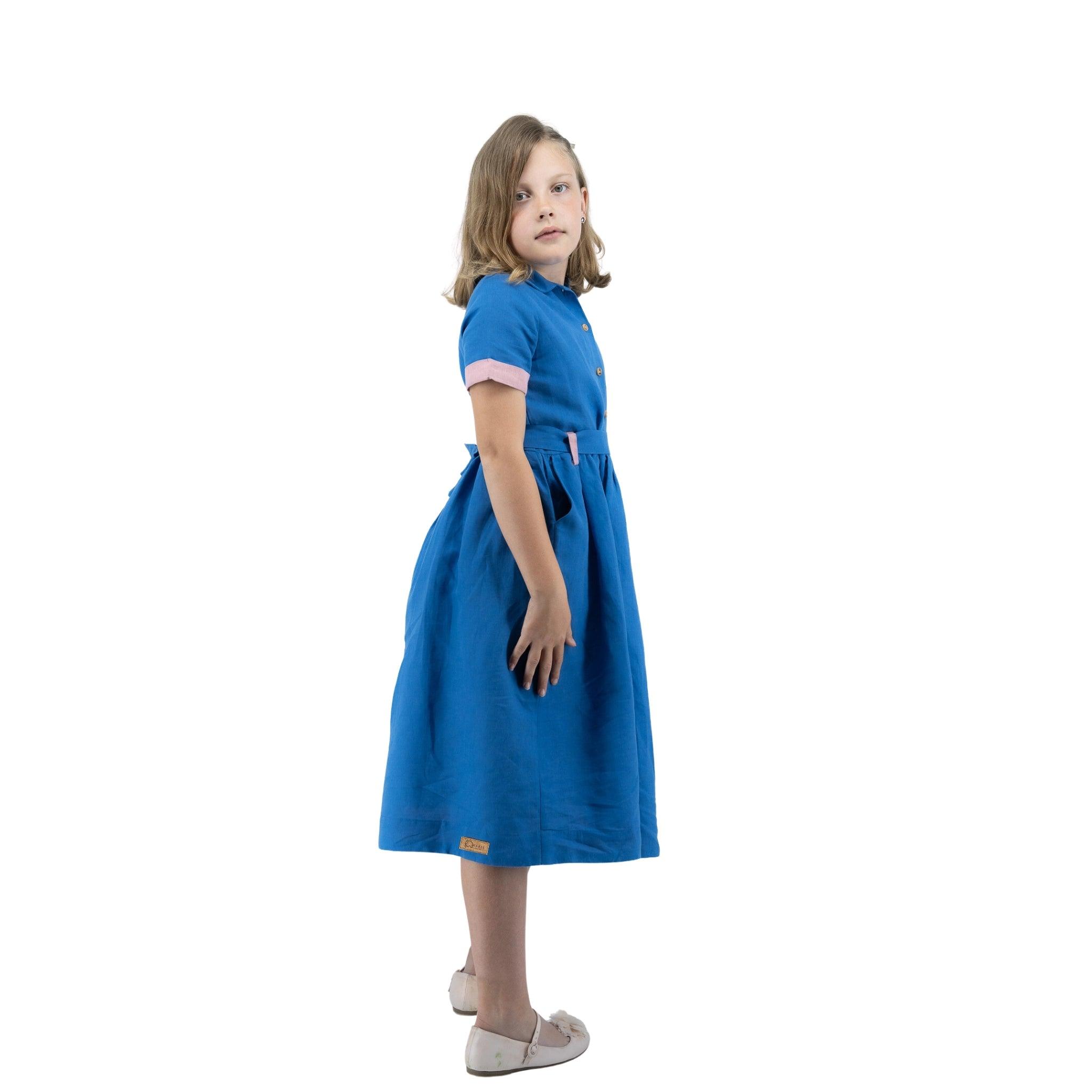 Parisian Blue Linen Dress for Girls