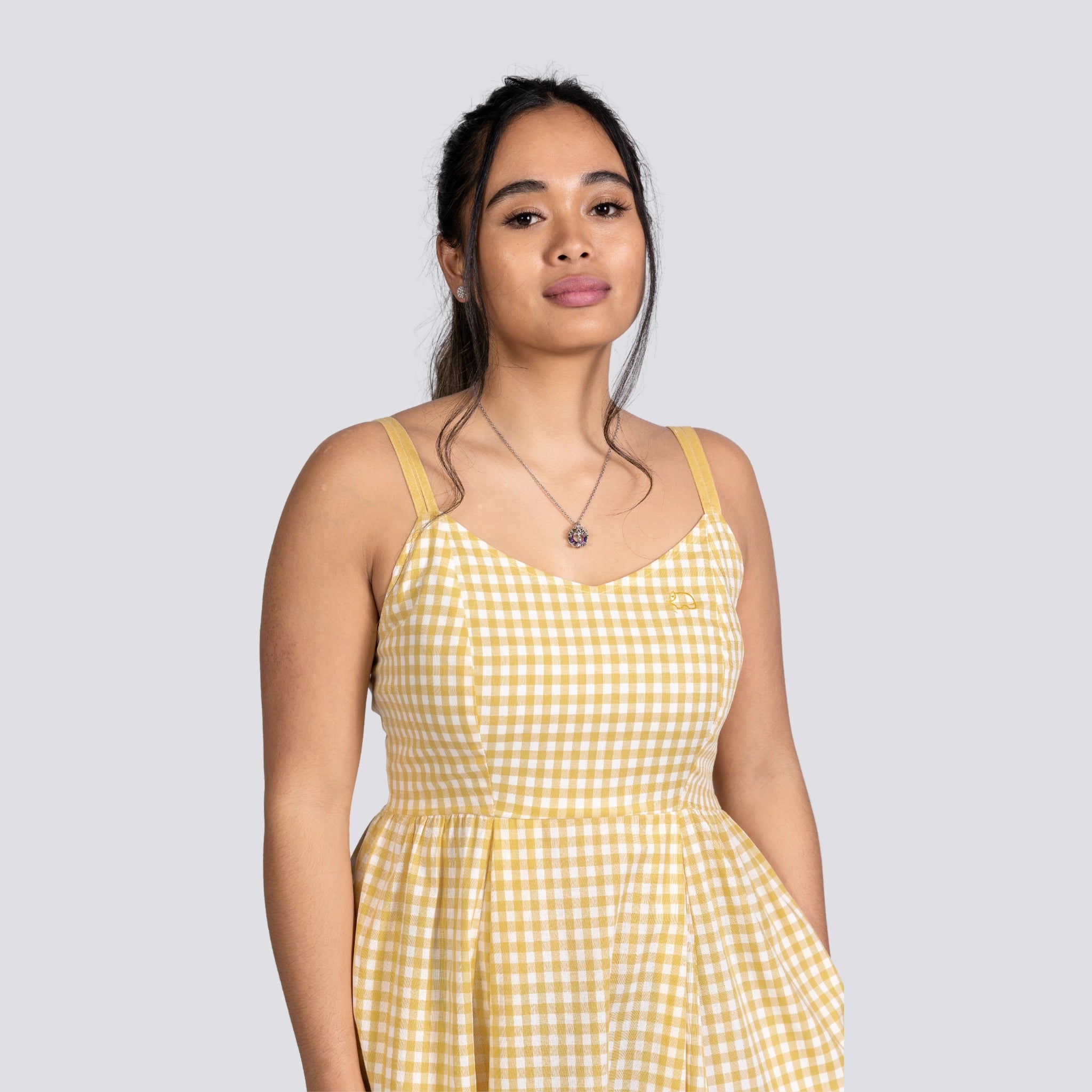 Yellow Gingham Cotton Mini Dress