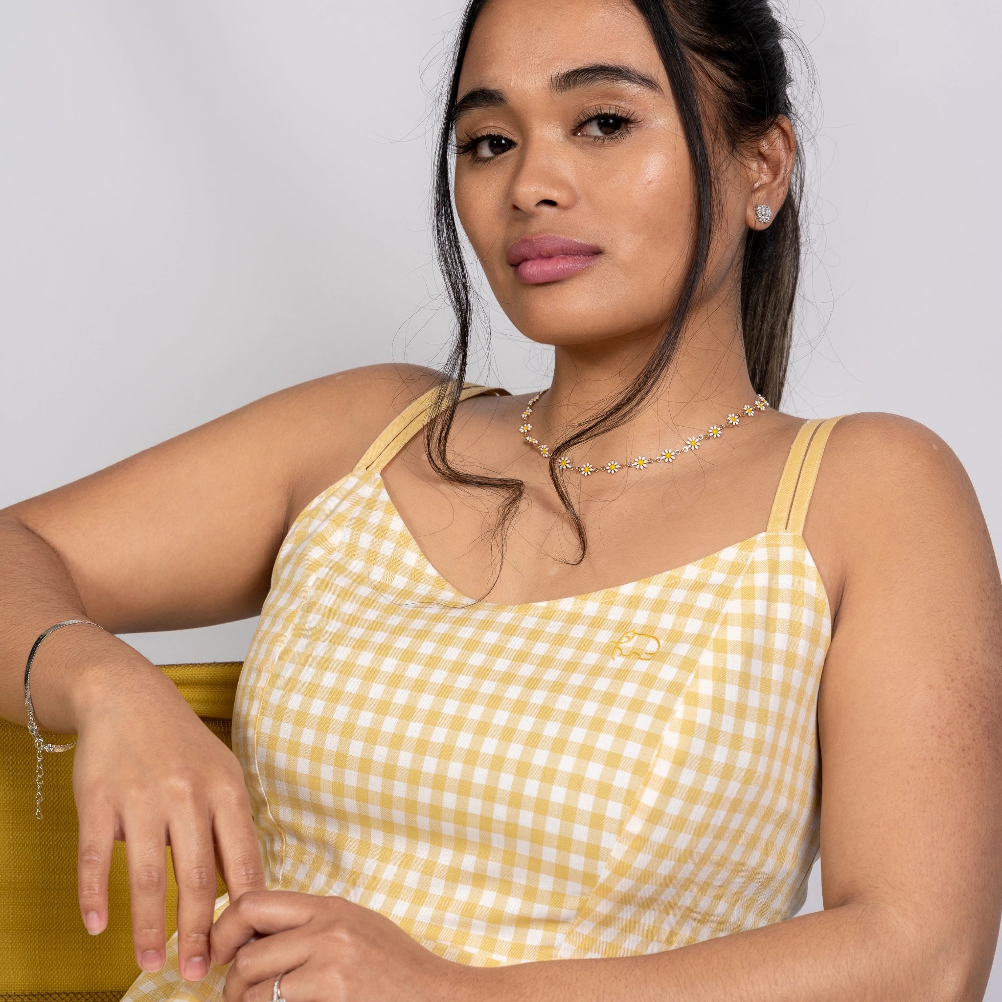 Yellow Gingham Cotton Mini Dress